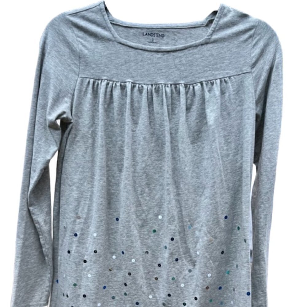 Lands End NWOT Girls Dress Sequin Detailing Scoop Neck Grey Stretch Cotton L-14